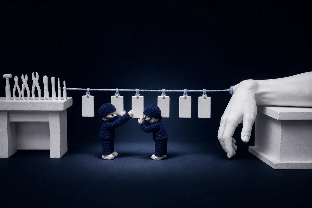 Diorama em miniatura: bancada de trabalho e antebraço de gesso ligados por um fio de crochê azul com pequenos documentos de gesso pendurados como elos, examinados por dois médicos de crochê