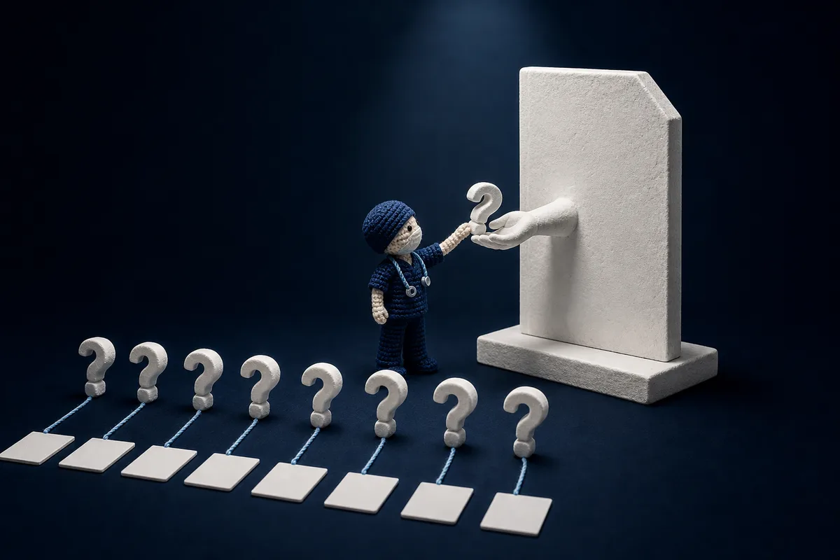 Diorama em miniatura: médico de crochê erguendo uma placa de gesso em forma de ponto de interrogação diante de um grande documento de gesso, com fios azuis ligando perguntas a exames no chão